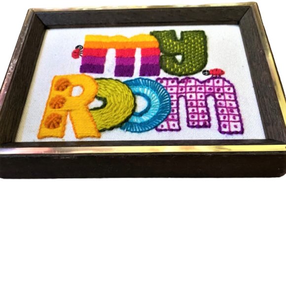 2/$30 Vintage Handmade embroidered framed sign wall/door hanging ladybugs - Picture 8 of 12